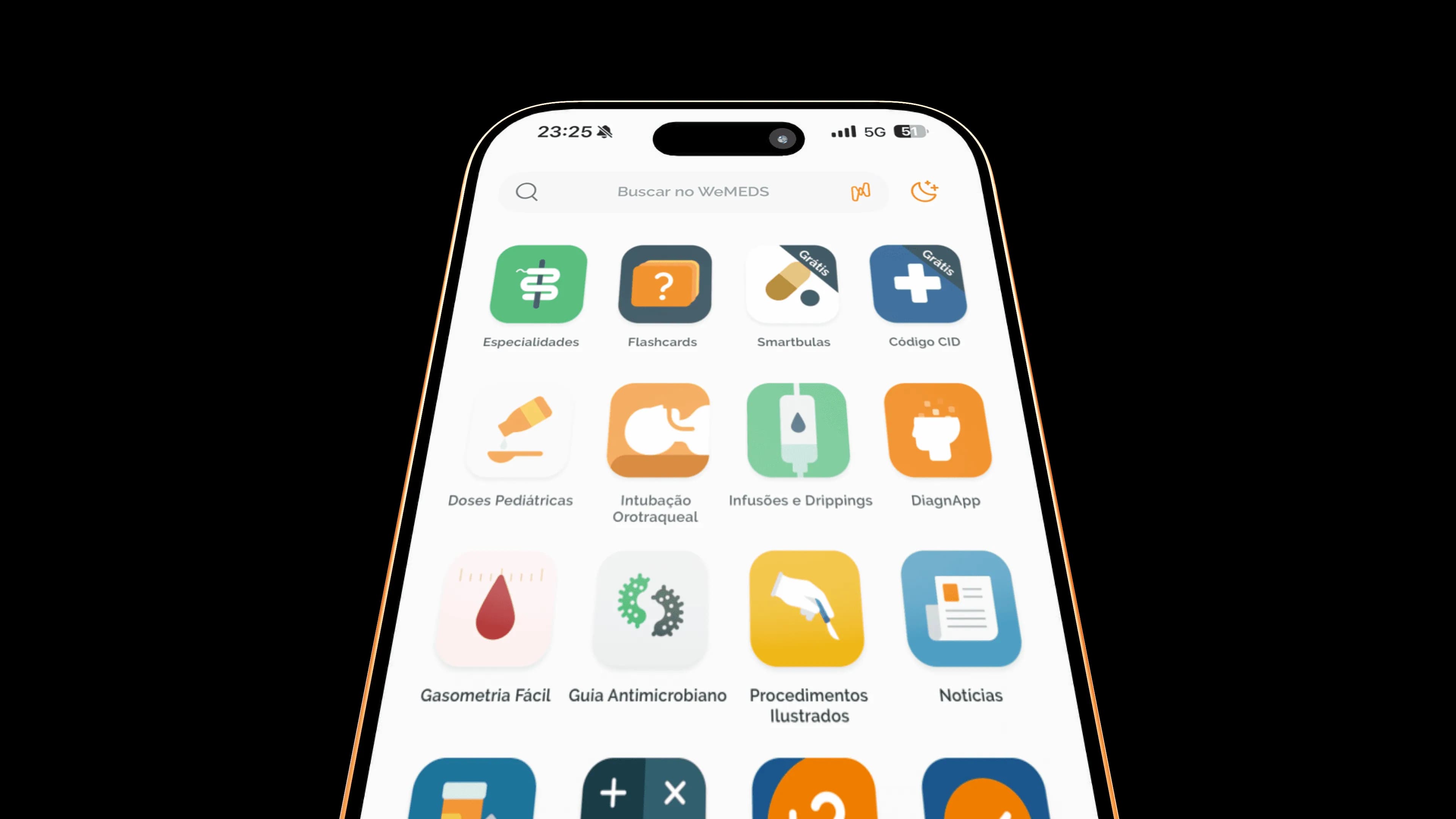 Tela inicial do app WeMEDS com os ícones das funcionalidades