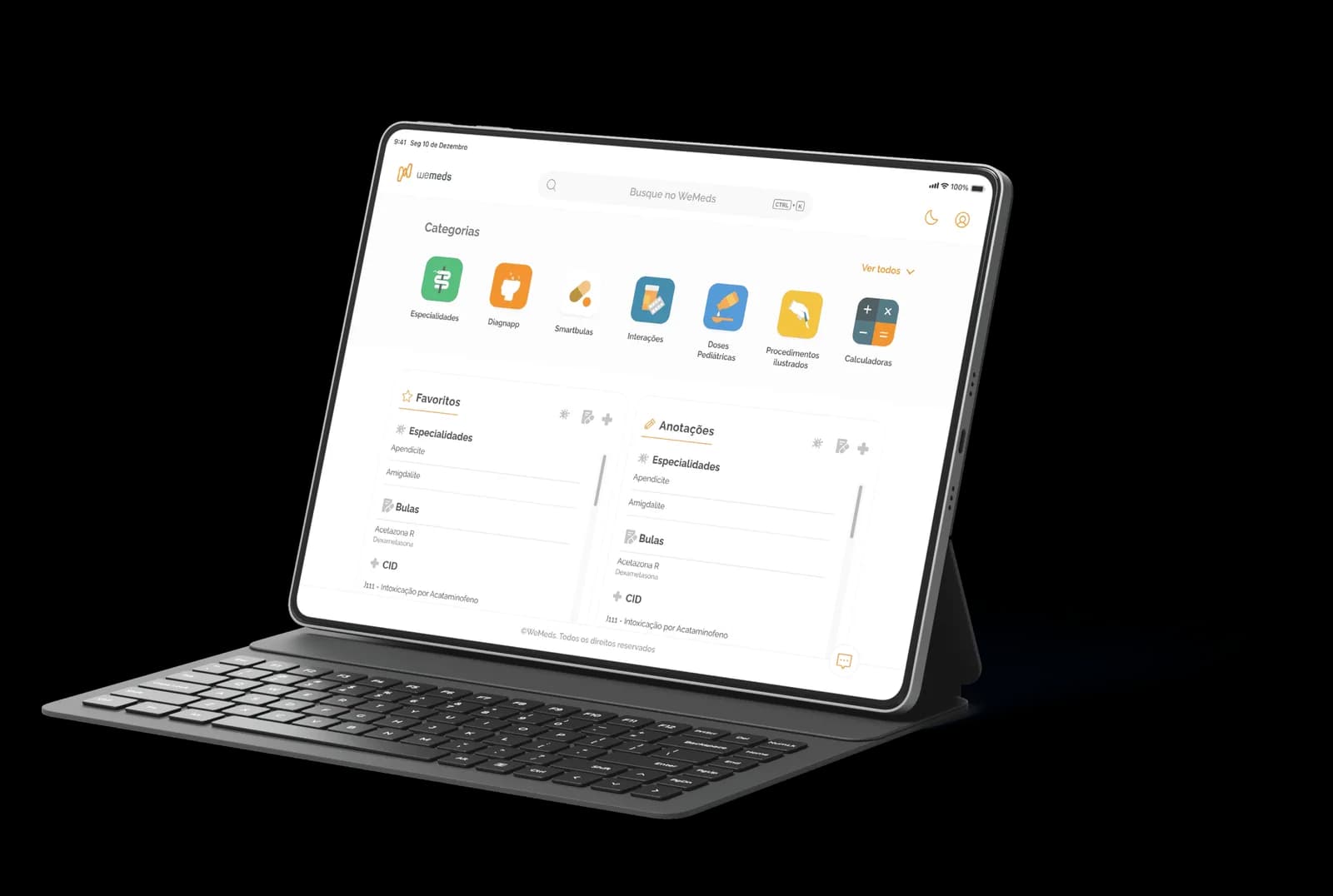 Tablet com teclado mostrando o app WeMEDS